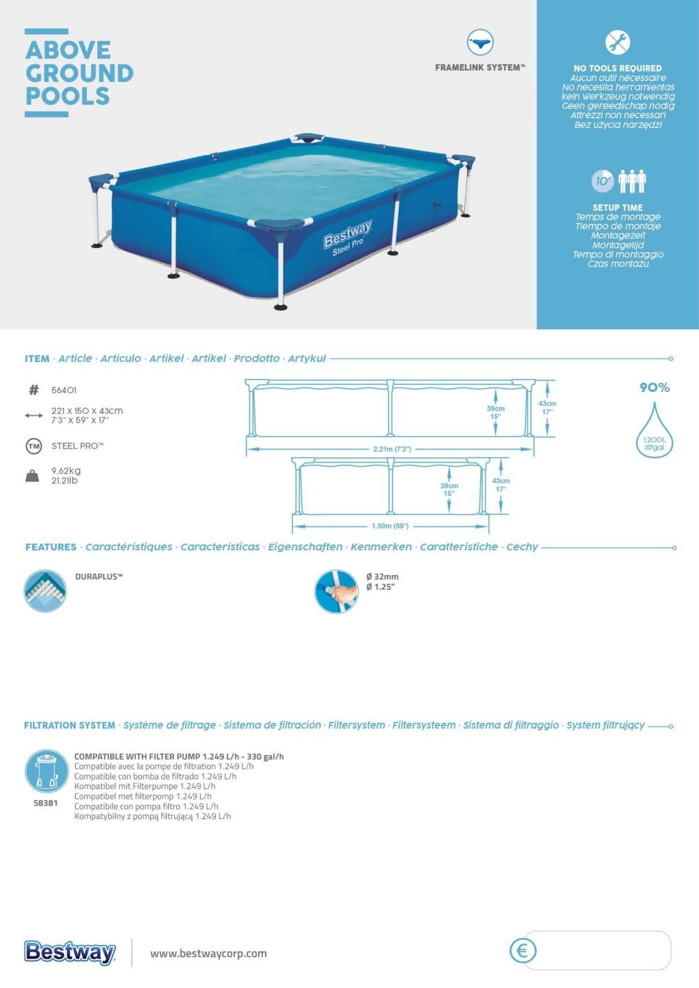 Bestway 56401 | Size 7.3 x 4.9 x 1.30 Ft | Steel Pro Rectangular Metal Frame Portable Above Ground Swimming Pool - Image 7