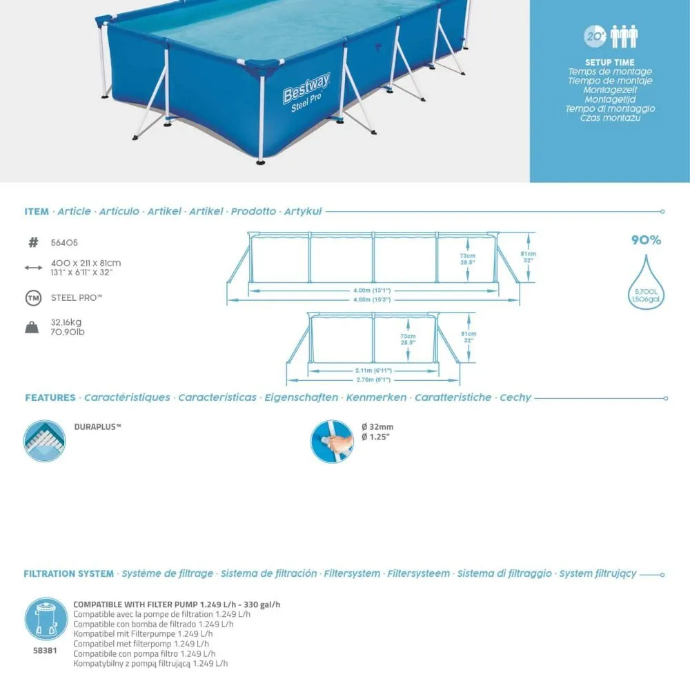 Bestway 56405 | Size 13.1 x 6.11 x 2.60 Ft | Steel Pro Rectangular Metal Frame Portable Ready-Made Swimming Pool - Image 9
