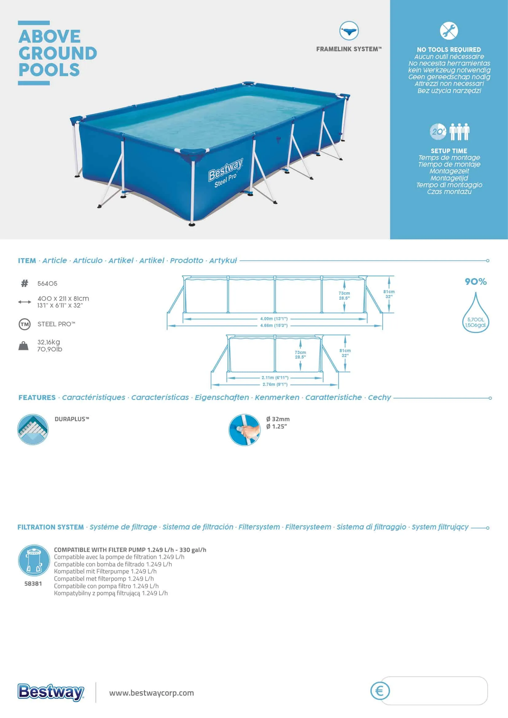 Bestway 56405 | Size 13.1 x 6.11 x 2.60 Ft | Steel Pro Rectangular Metal Frame Portable Ready-Made Swimming Pool - Image 9