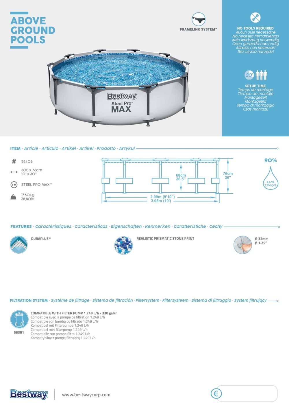 Bestway 56406 | Size 10.0 x 10.0 x 2.50 Ft | Steel Pro MAX Round Metal Frame Portable Ready-Made Swimming Pool - Image 9