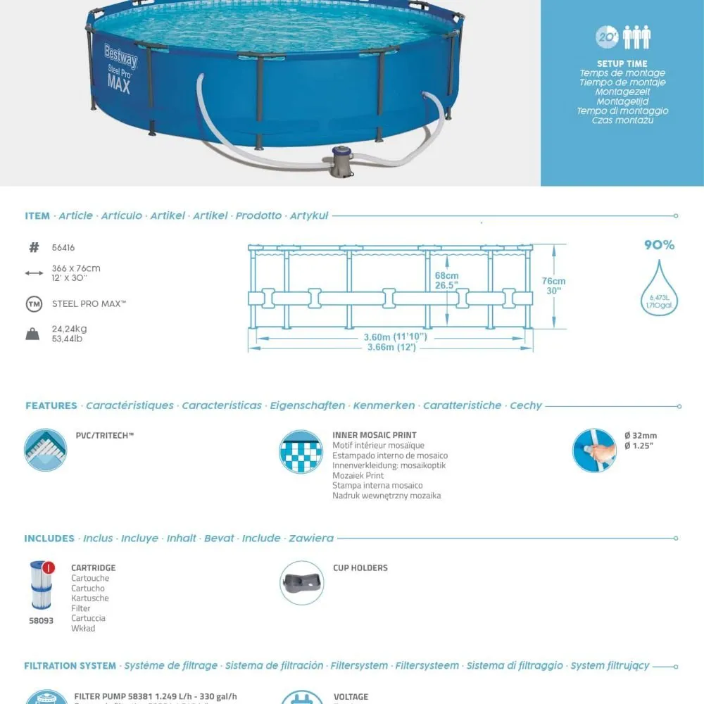 Bestway 56416 | Size 12.0 x 12.0 x 2.50 Ft | Steel Pro MAX Round Metal Frame Portable Ready-Made Swimming Pool - Image 6