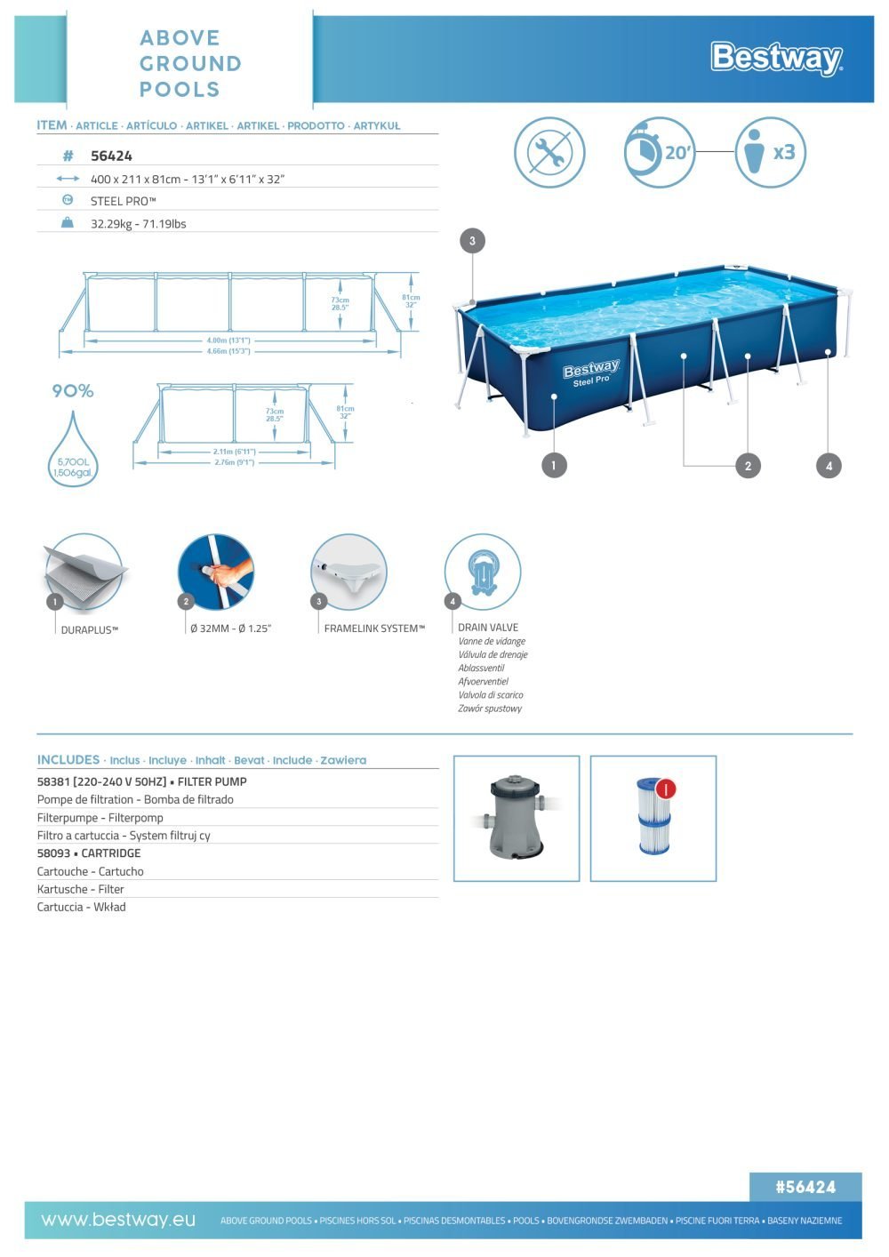 Bestway 56424 | Size 13.1 x 6.11 x 2.60 Ft | Steel Pro Rectangular Metal Frame Portable Ready-Made Swimming Pool - Image 8