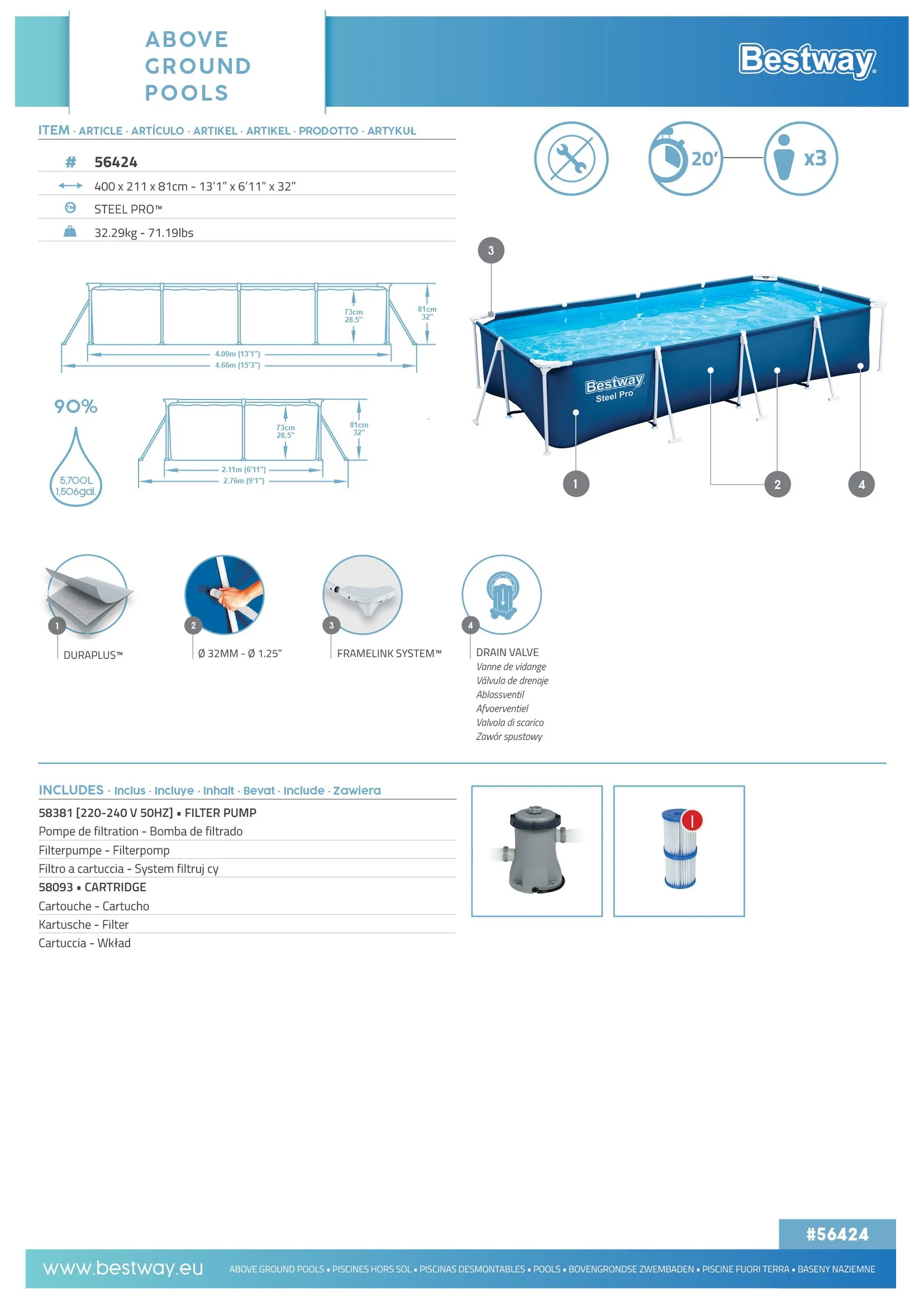 Bestway 56424 | Size 13.1 x 6.11 x 2.60 Ft | Steel Pro Rectangular Metal Frame Portable Ready-Made Swimming Pool - Image 8