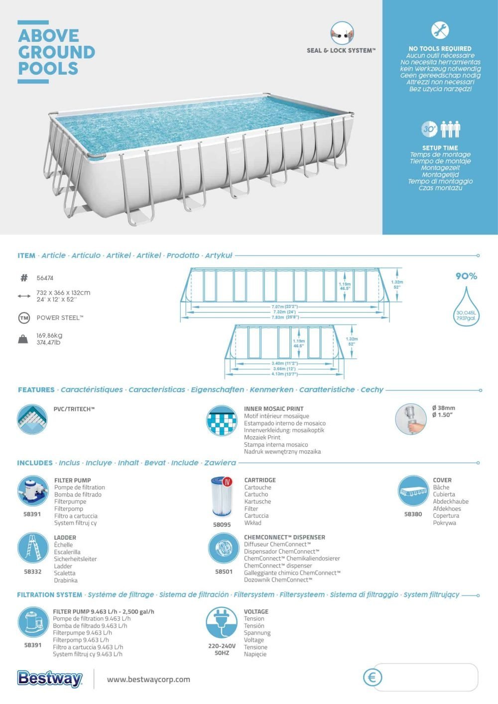 Bestway 56474 | Size 24.0 x 12.0 x 4.30 Ft | Power Steel Rectangular Metal Frame Portable Ready-Made Swimming Pool - Image 10