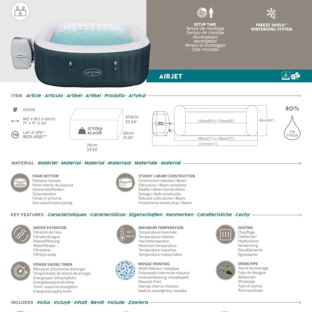 Bestway 60015 | Size 5.92 x 5.92 x 2.16 Ft | Inflatable Portable Spa Lay Z Bathtub Ibiza - Image 8