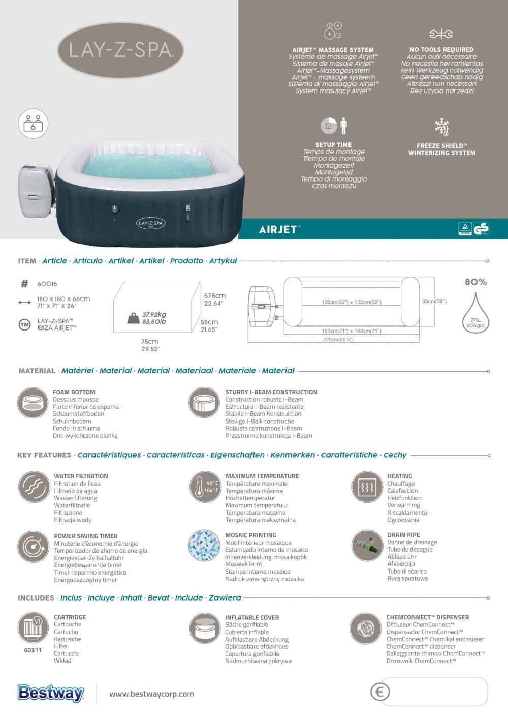 Bestway 60015 | Size 5.92 x 5.92 x 2.16 Ft | Inflatable Portable Spa Lay Z Bathtub Ibiza - Image 8