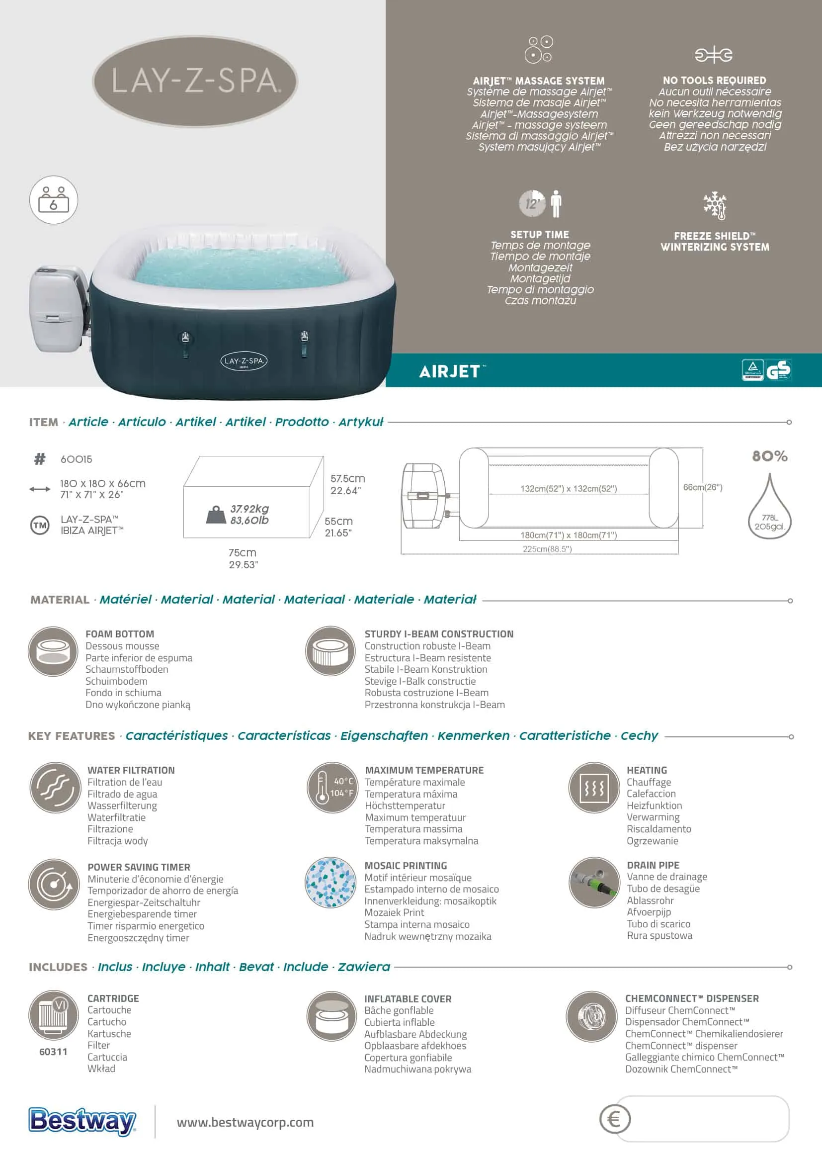 Bestway 60015 | Size 5.92 x 5.92 x 2.16 Ft | Inflatable Portable Spa Lay Z Bathtub Ibiza - Image 8