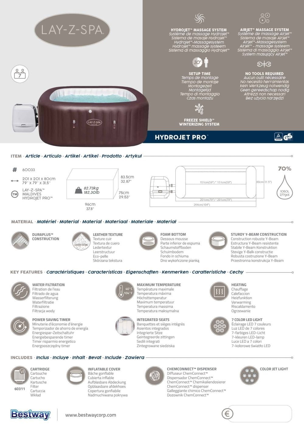 Bestway 60033 | Size 6.80 x 6.80 x 2.60 Ft | Inflatable Portable Spa Lay Z Bathtub Maldives - Image 8