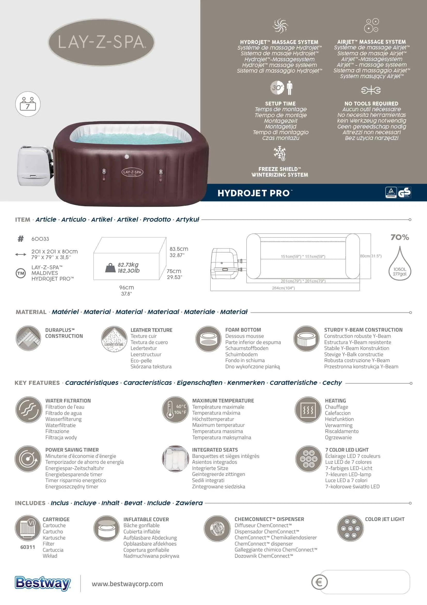 Bestway 60033 | Size 6.80 x 6.80 x 2.60 Ft | Inflatable Portable Spa Lay Z Bathtub Maldives - Image 8