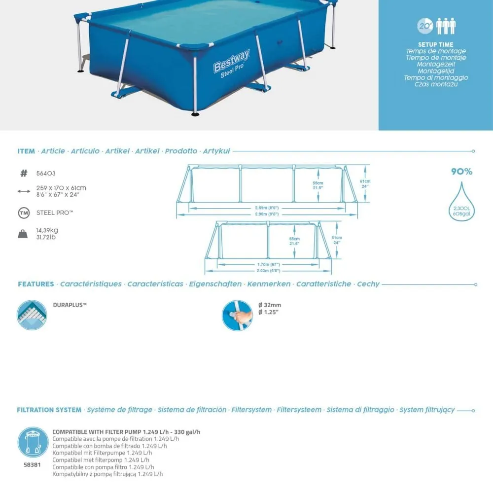 Bestway 56403 | Size 8.6 x 5.6 x 2.00 Ft | Steel Pro Rectangular Metal Frame Portable Above Ground Swimming Pool - Image 5