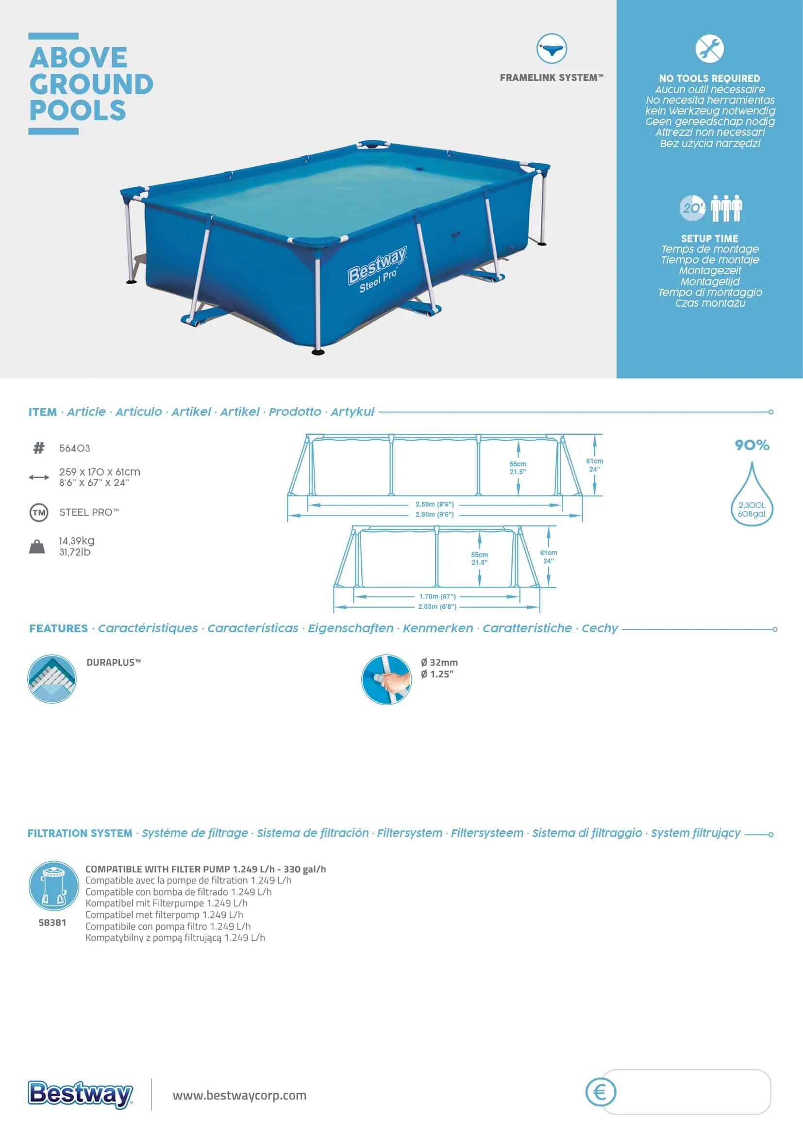 Bestway 56403 | Size 8.6 x 5.6 x 2.00 Ft | Steel Pro Rectangular Metal Frame Portable Above Ground Swimming Pool - Image 5