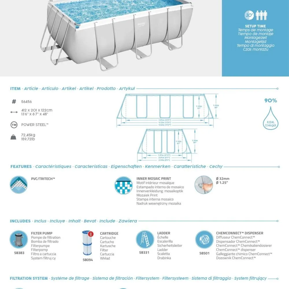 Bestway 56456 | Size 13.6 x 6.7 x 4.00 Ft | Power Steel Rectangular Metal Frame Portable Ready-Made Swimming Pool - Image 7