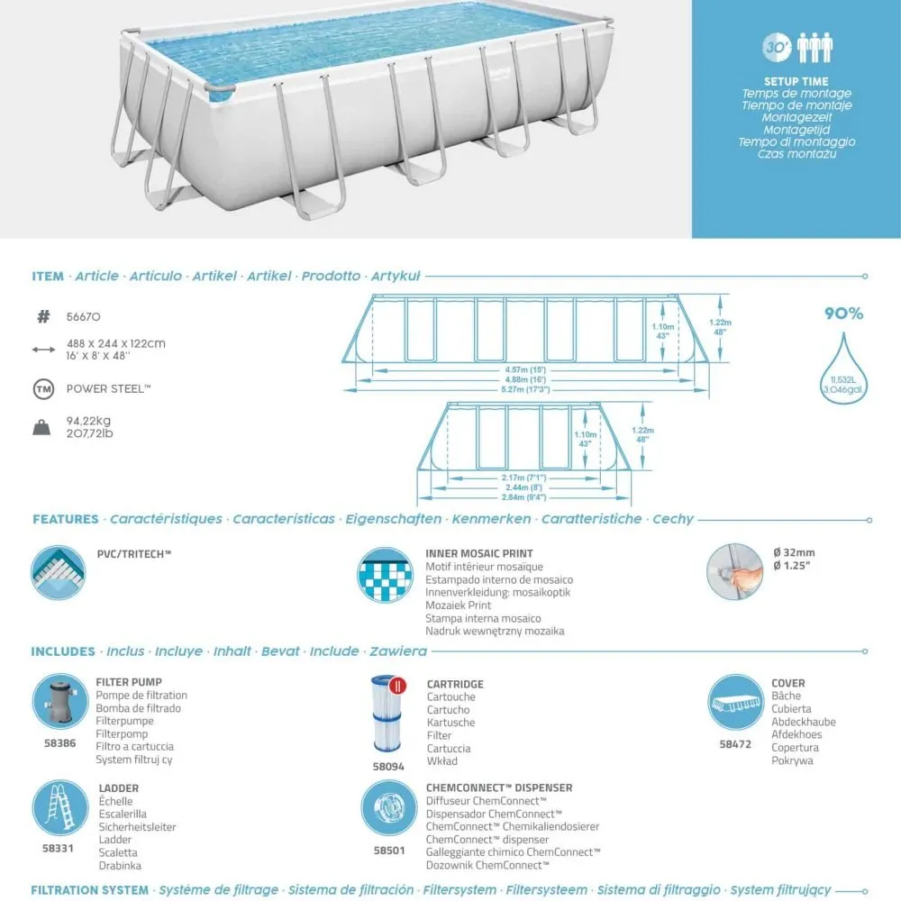 Bestway 56670 | Size 16.0 x 8.0 x 4.00 Ft | Power Steel Rectangular Metal Frame Portable Ready-Made Swimming Pool - Image 8