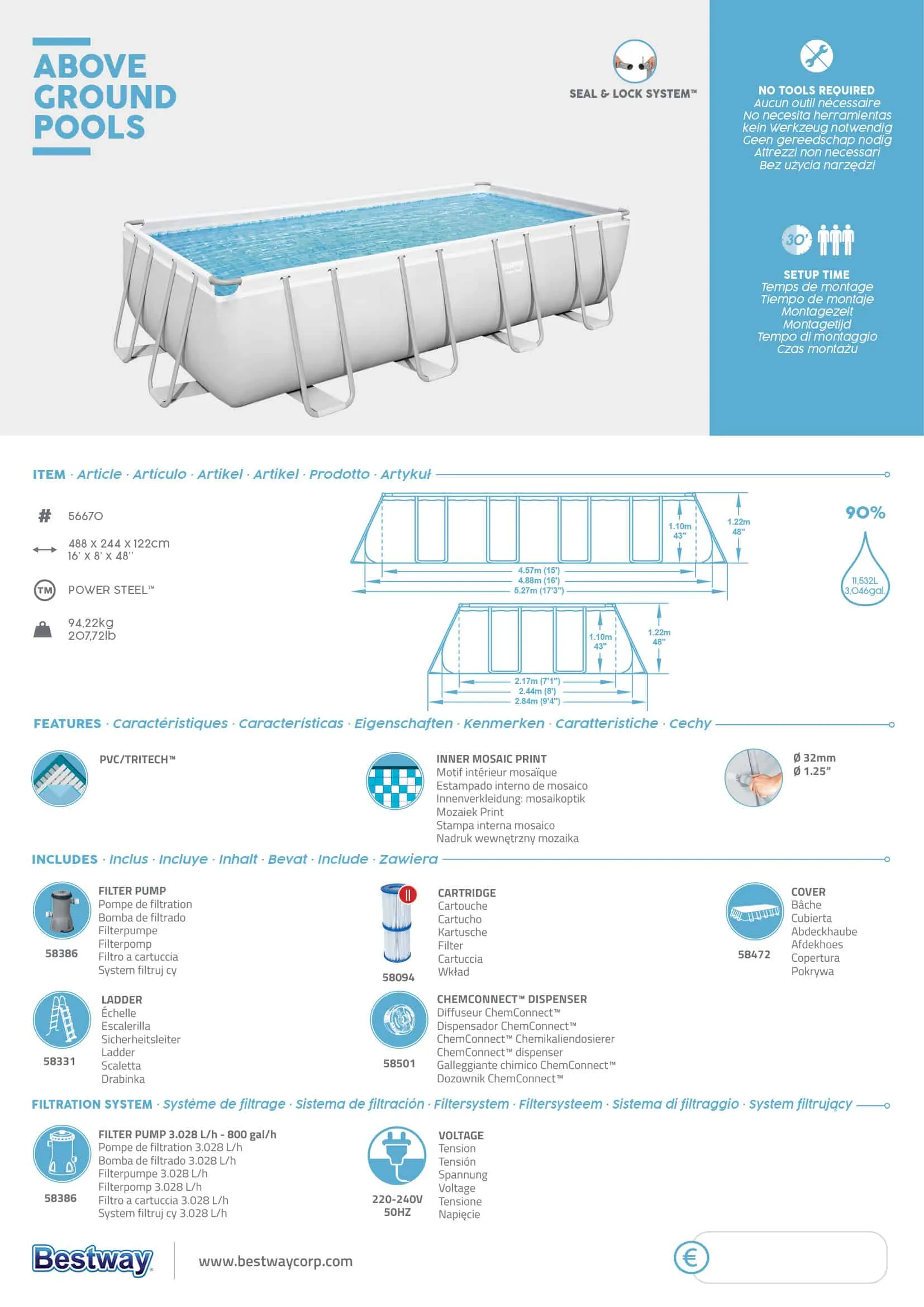 Bestway 56670 | Size 16.0 x 8.0 x 4.00 Ft | Power Steel Rectangular Metal Frame Portable Ready-Made Swimming Pool - Image 8