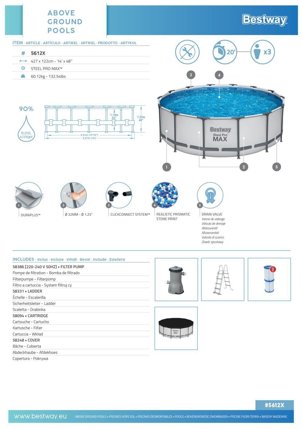 Bestway 5612X | Size 14.0 x 14.0 x 4.00 Ft | Steel Pro MAX Round Metal Frame Portable Ready-Made Swimming Pool - Image 7