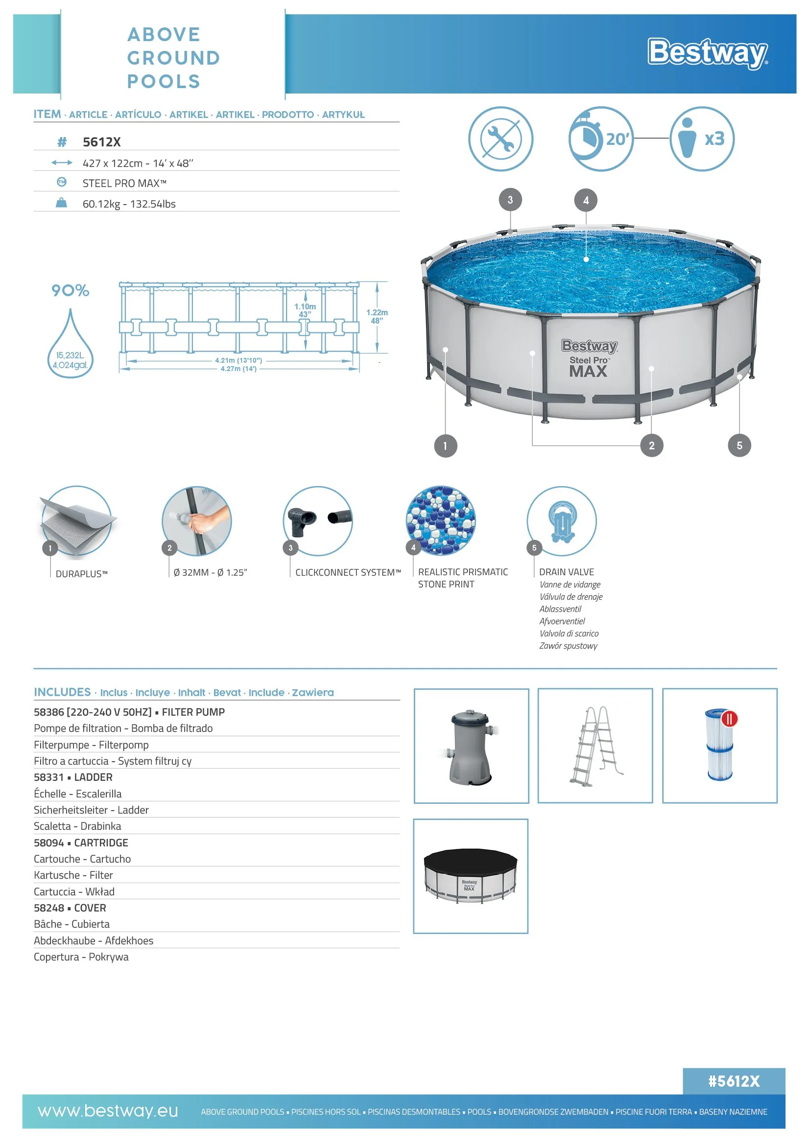 Bestway 5612X | Size 14.0 x 14.0 x 4.00 Ft | Steel Pro MAX Round Metal Frame Portable Ready-Made Swimming Pool - Image 7