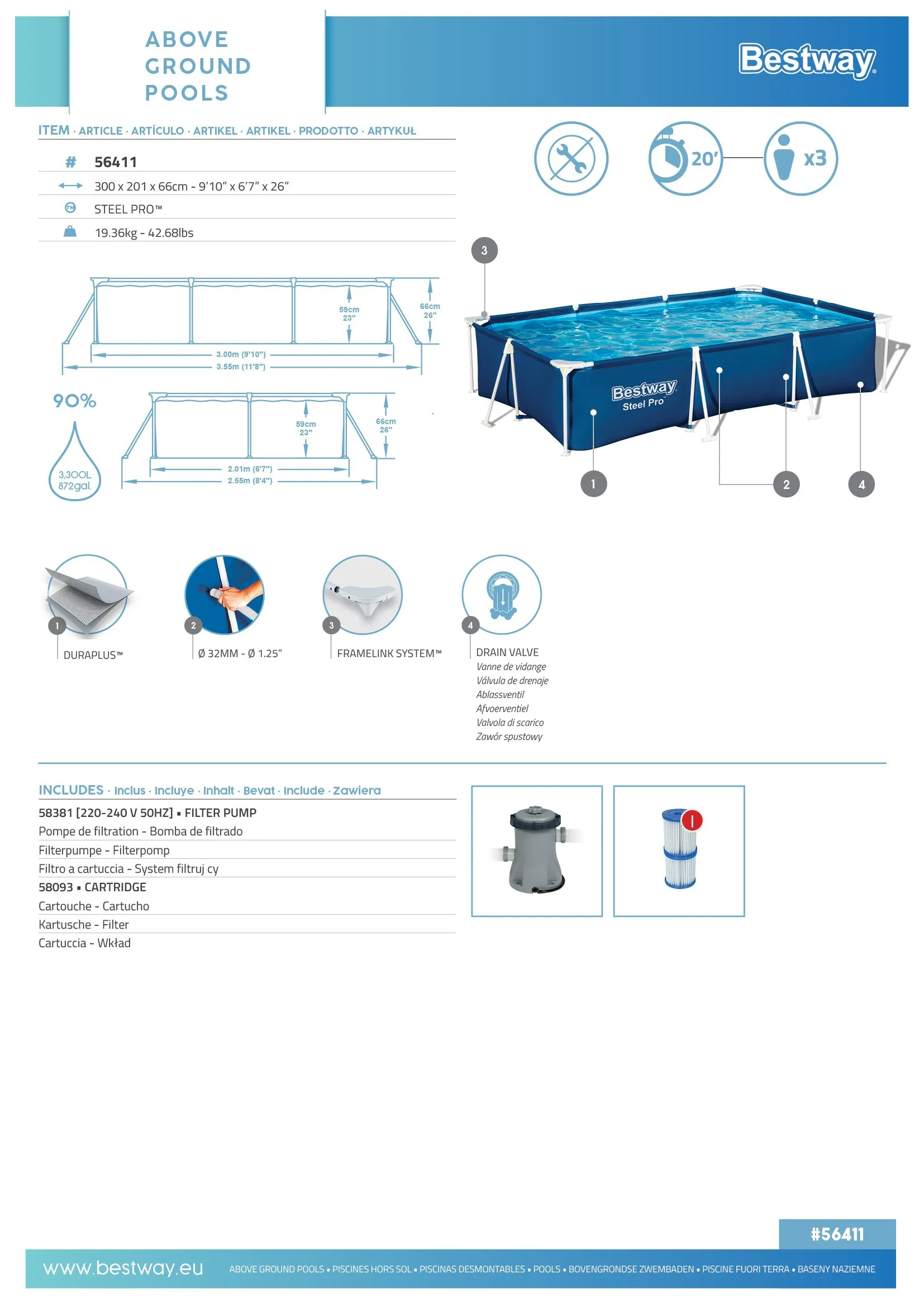Bestway 56411 | Size 9.1 x 6.7 x 2.10 Ft | Steel Pro Rectangular Metal Frame Portable Ready-Made Swimming Pool - Image 11