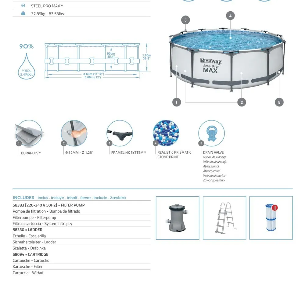 Bestway 56418 | Size 12.0 x 12.0 x 3.30 Ft | Steel Pro MAX Round Metal Frame Portable Ready-Made Swimming Pool - Image 8