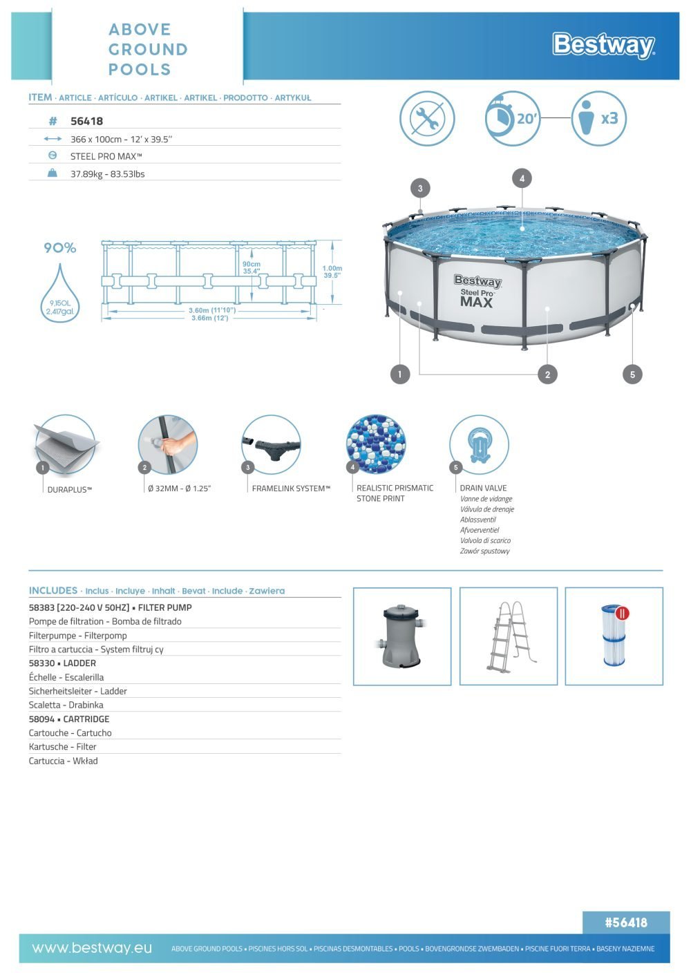 Bestway 56418 | Size 12.0 x 12.0 x 3.30 Ft | Steel Pro MAX Round Metal Frame Portable Ready-Made Swimming Pool - Image 8