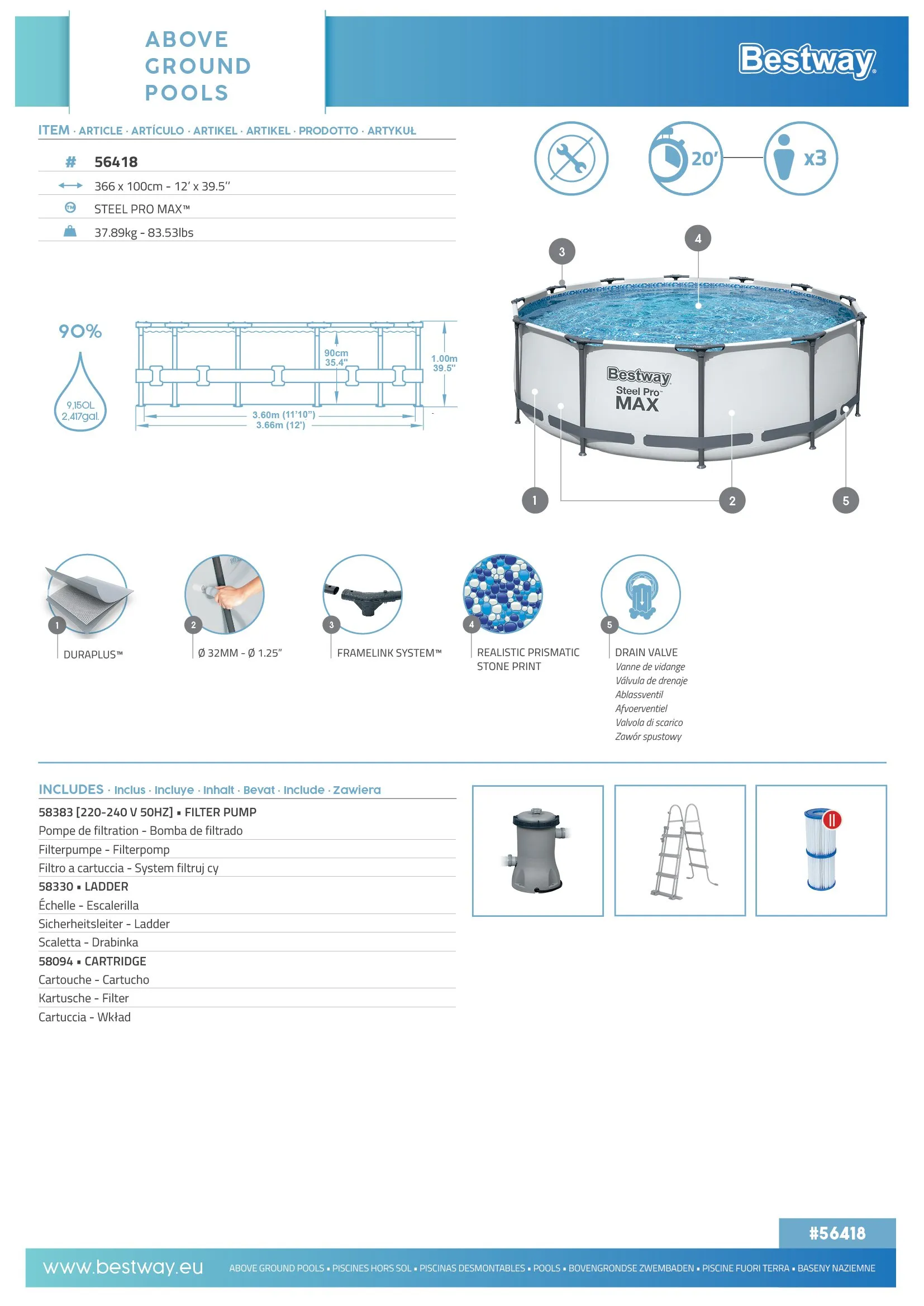 Bestway 56418 | Size 12.0 x 12.0 x 3.30 Ft | Steel Pro MAX Round Metal Frame Portable Ready-Made Swimming Pool - Image 8