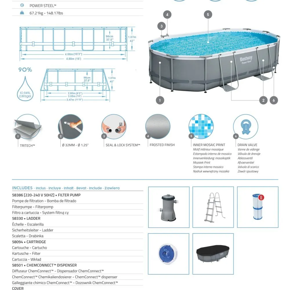 Bestway 56448 | Size 16.0 x 10.0 x 3.50 Ft | Power Steel Oval Metal Frame Portable Ready-Made Swimming Pool - Image 9