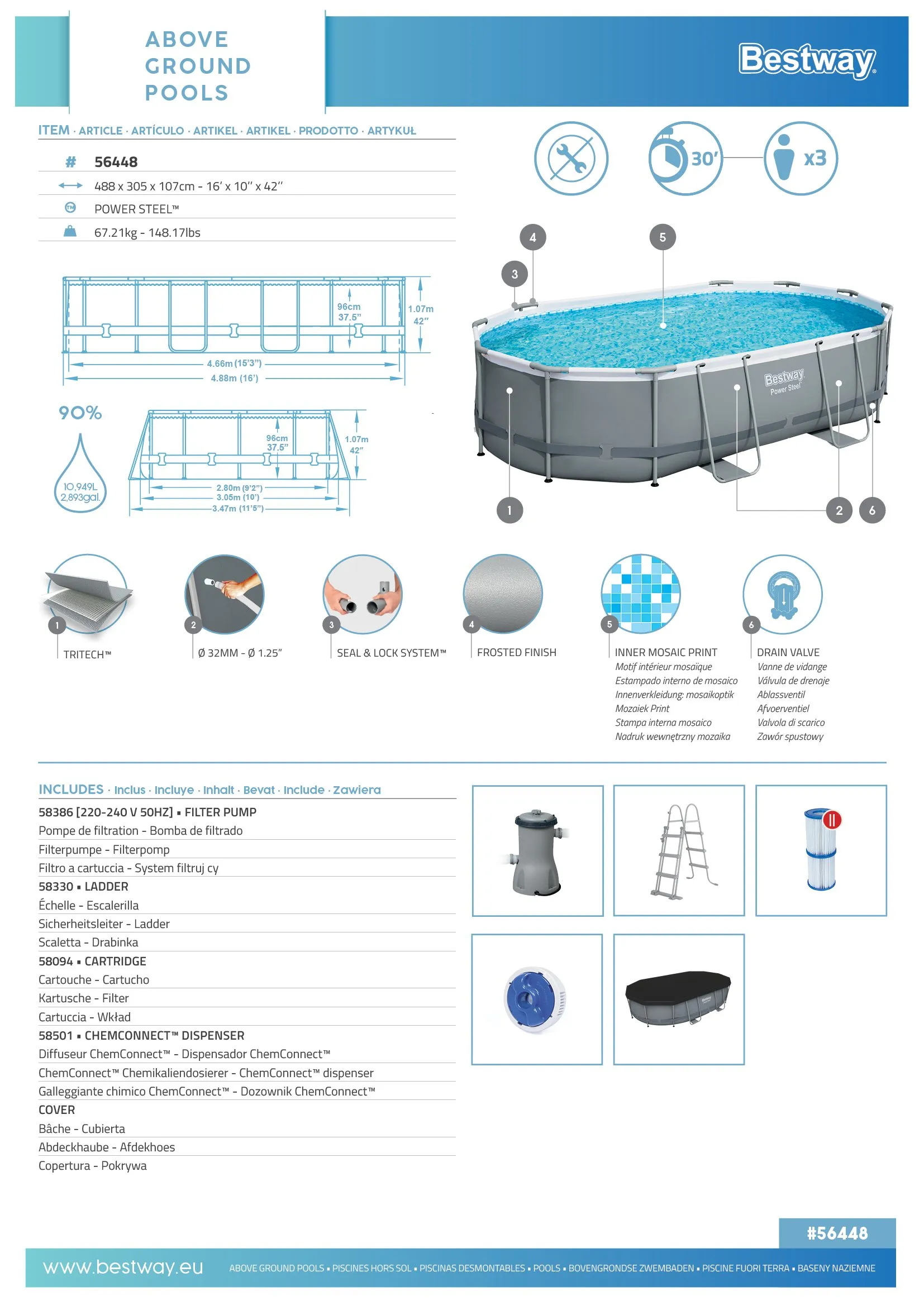 Bestway 56448 | Size 16.0 x 10.0 x 3.50 Ft | Power Steel Oval Metal Frame Portable Ready-Made Swimming Pool - Image 9