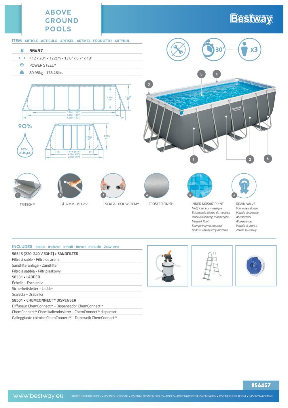 Bestway 56457 | Size 13.6 x 6.7 x 4.00 Ft | Power Steel Rectangular Metal Frame Portable Ready-Made Swimming Pool - Image 6