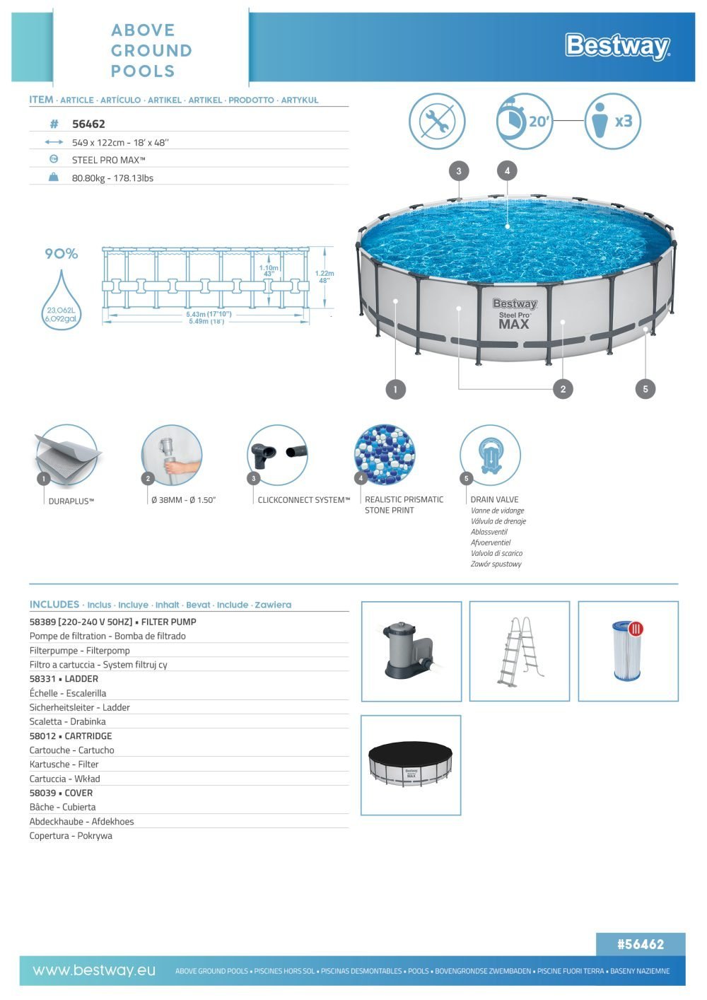 Bestway 56462 | Size 17.8 x 17.8 x 4.00 Ft | Steel Pro MAX Round Metal Frame Portable Ready-Made Swimming Pool - Image 7