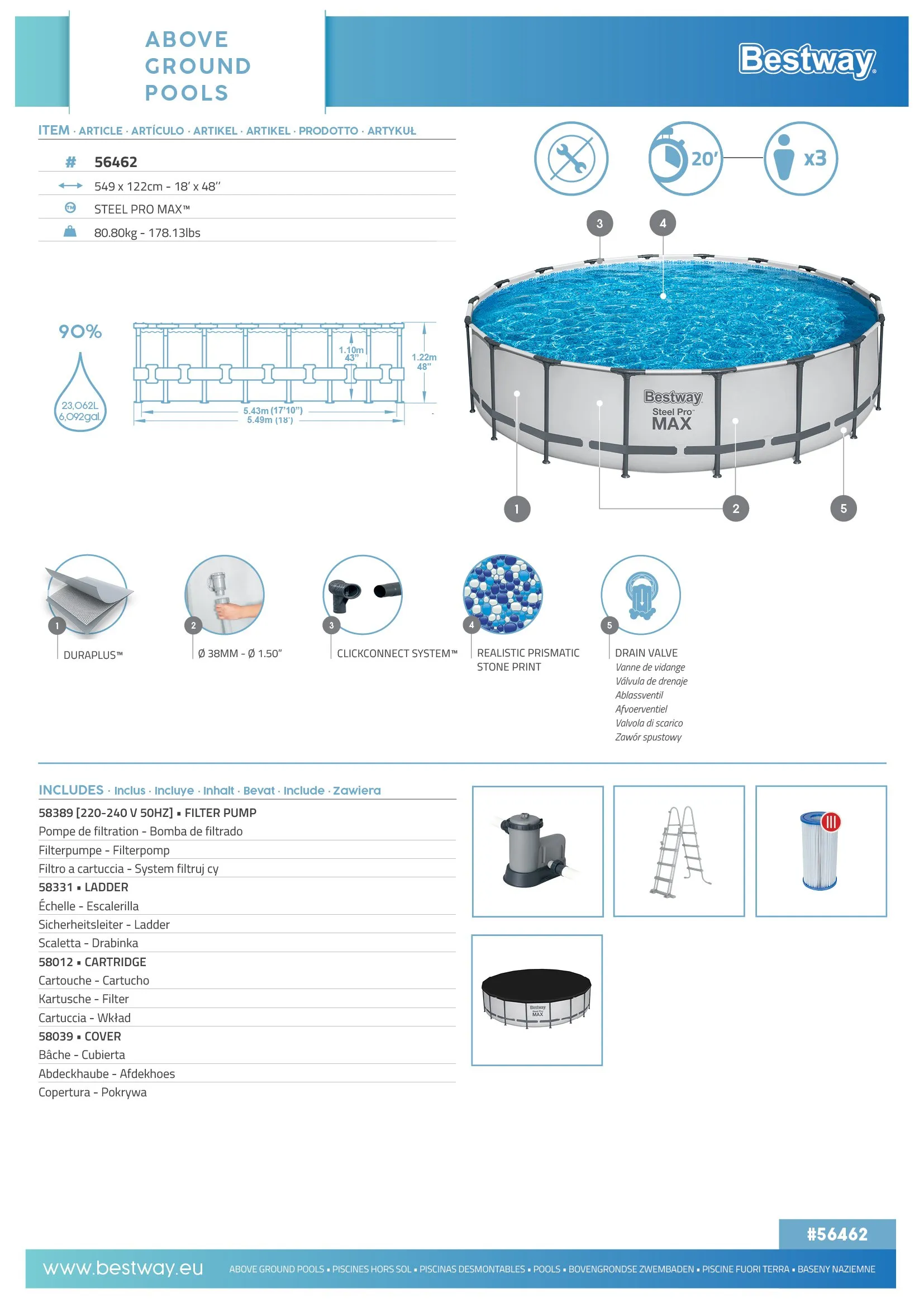 Bestway 56462 | Size 17.8 x 17.8 x 4.00 Ft | Steel Pro MAX Round Metal Frame Portable Ready-Made Swimming Pool - Image 7