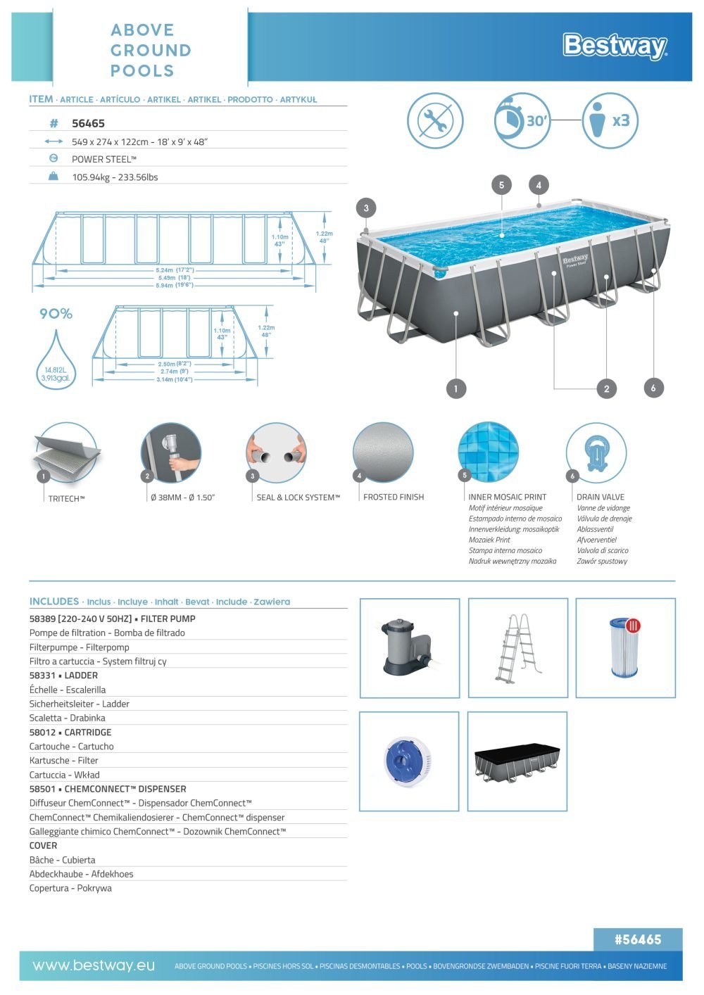 Bestway 56465 | Size 18.0 x 8.98 x 4.00 Ft | Power Steel Rectangular Metal Frame Portable Ready-Made Swimming Pool - Image 9