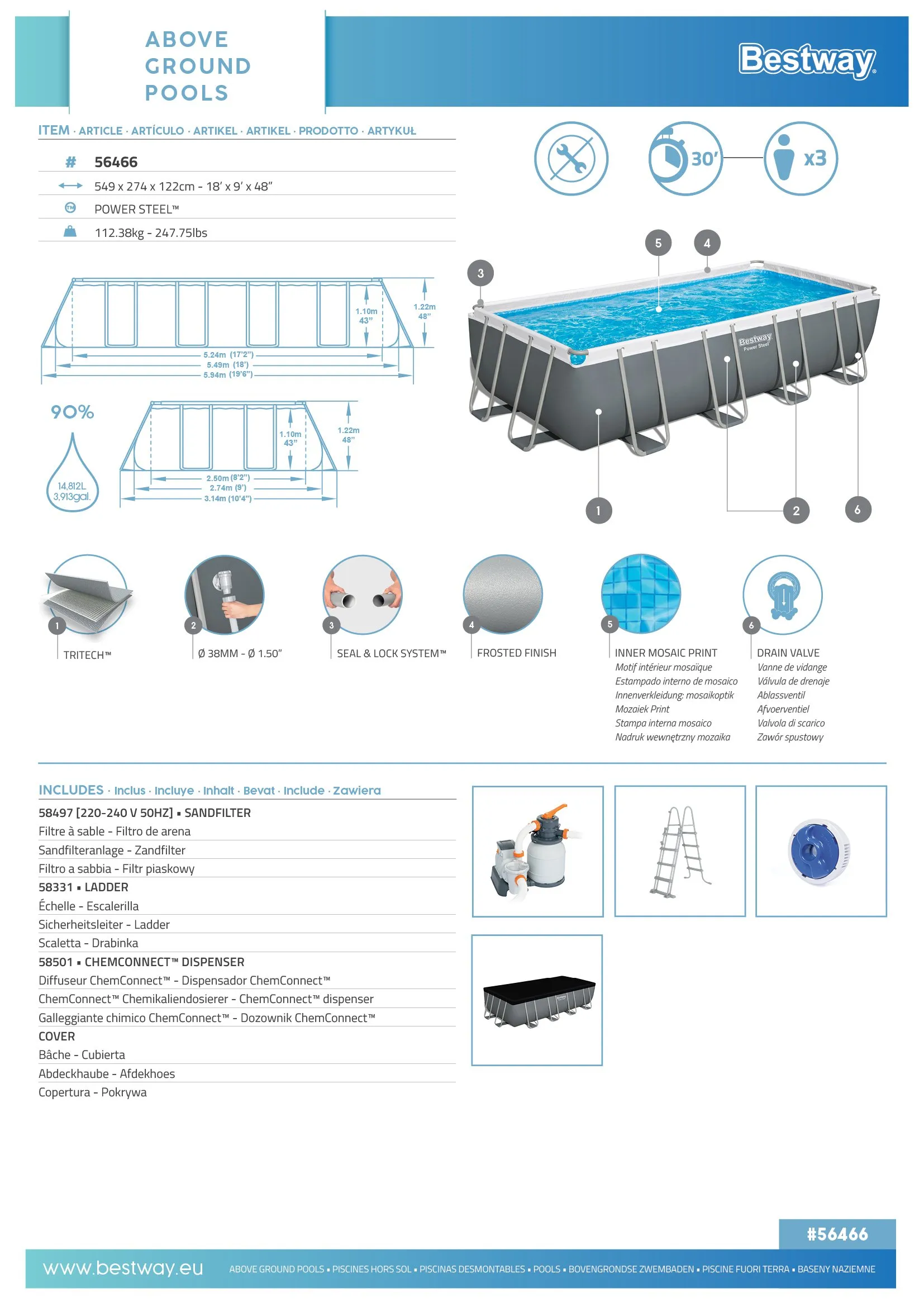 Bestway 56466 | Size 18.0 x 8.98 x 4.00 Ft | Power Steel Rectangular Metal Frame Portable Ready-Made Swimming Pool - Image 8