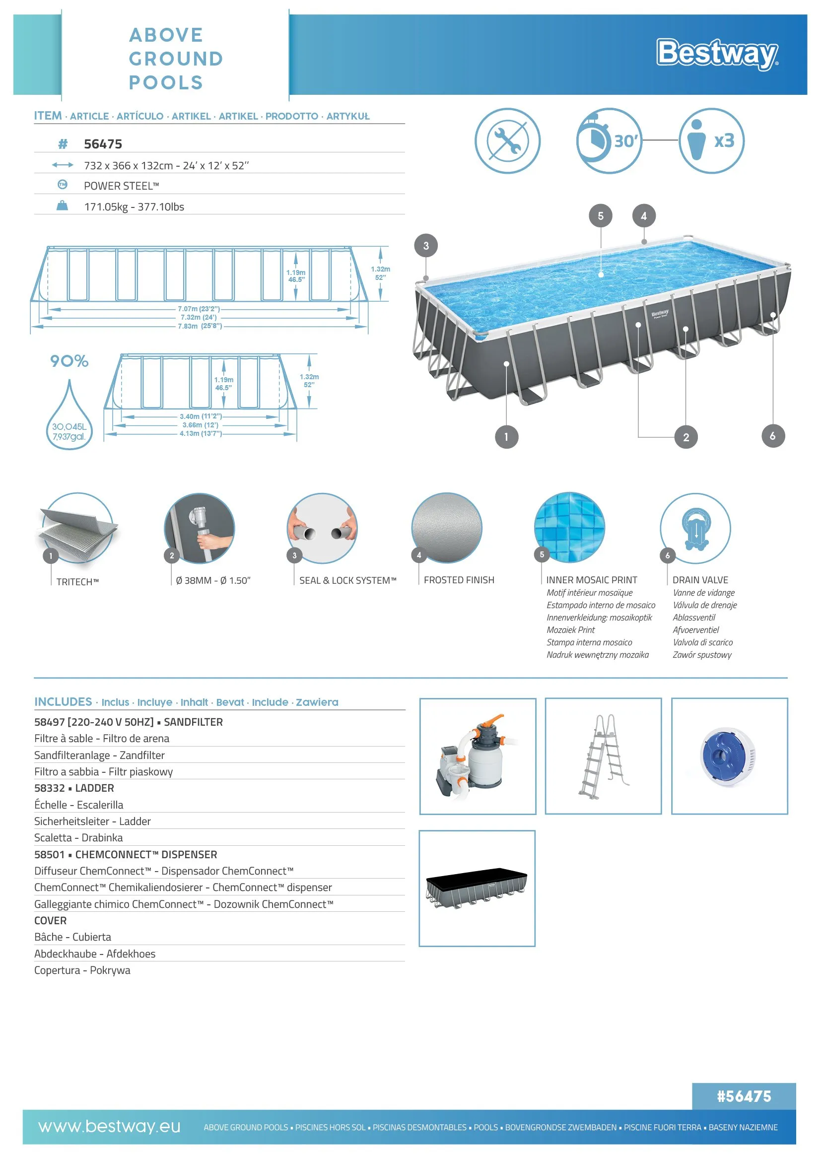 Bestway 56475 | Size 25.5 x 13.5 x 4.30 Ft | Power Steel Rectangular Metal Frame Portable Ready-Made Swimming Pool - Image 8