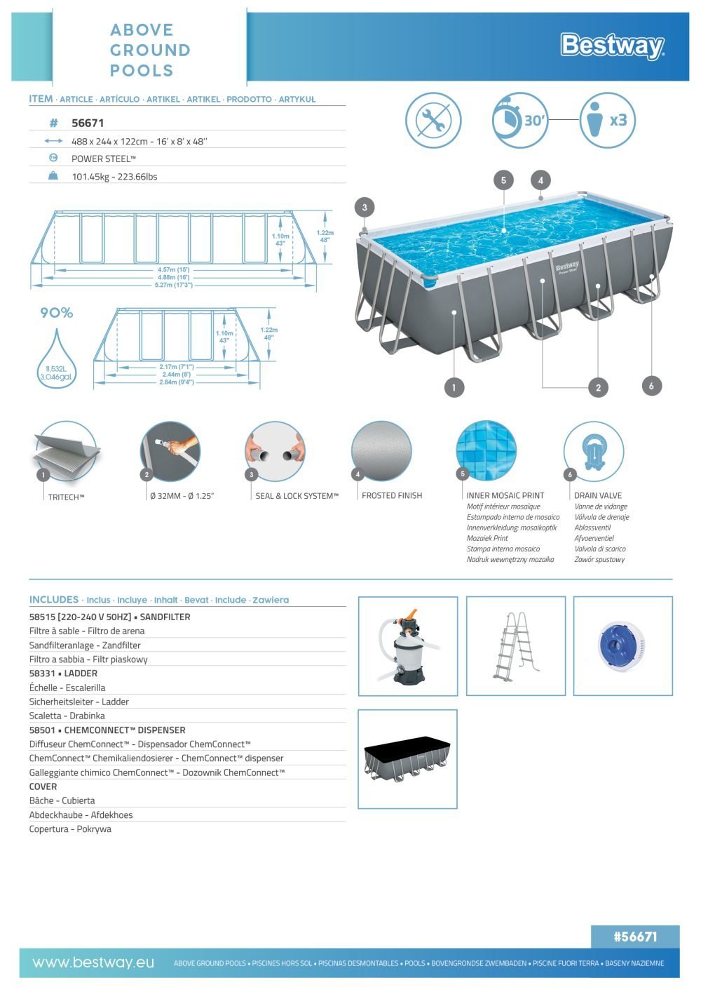 Bestway 56671 | Size 17.3 x 9.4 x 4.00 Ft | Power Steel Rectangular Metal Frame Portable Ready-Made Swimming Pool - Image 4