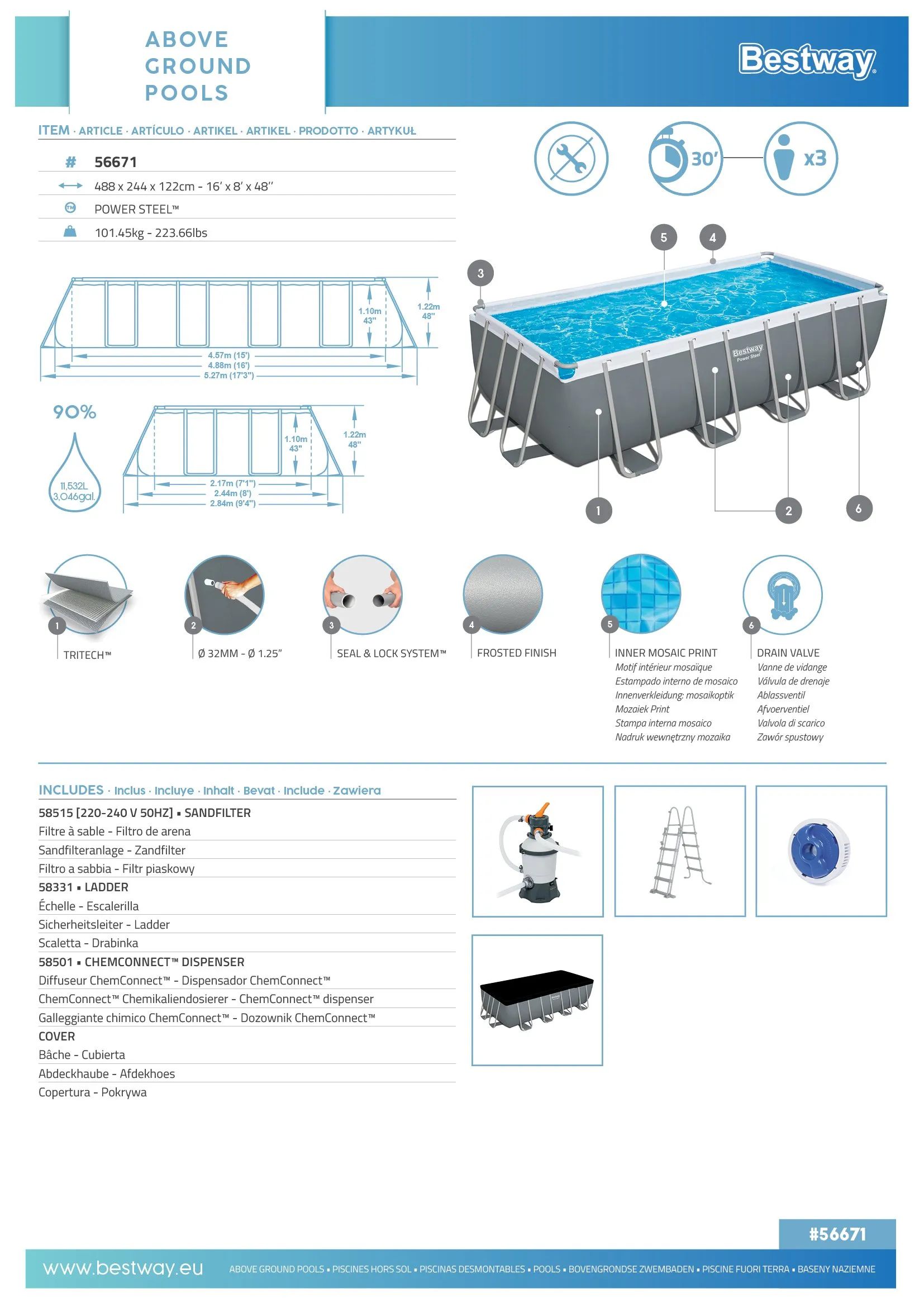 Bestway 56671 | Size 17.3 x 9.4 x 4.00 Ft | Power Steel Rectangular Metal Frame Portable Ready-Made Swimming Pool - Image 4