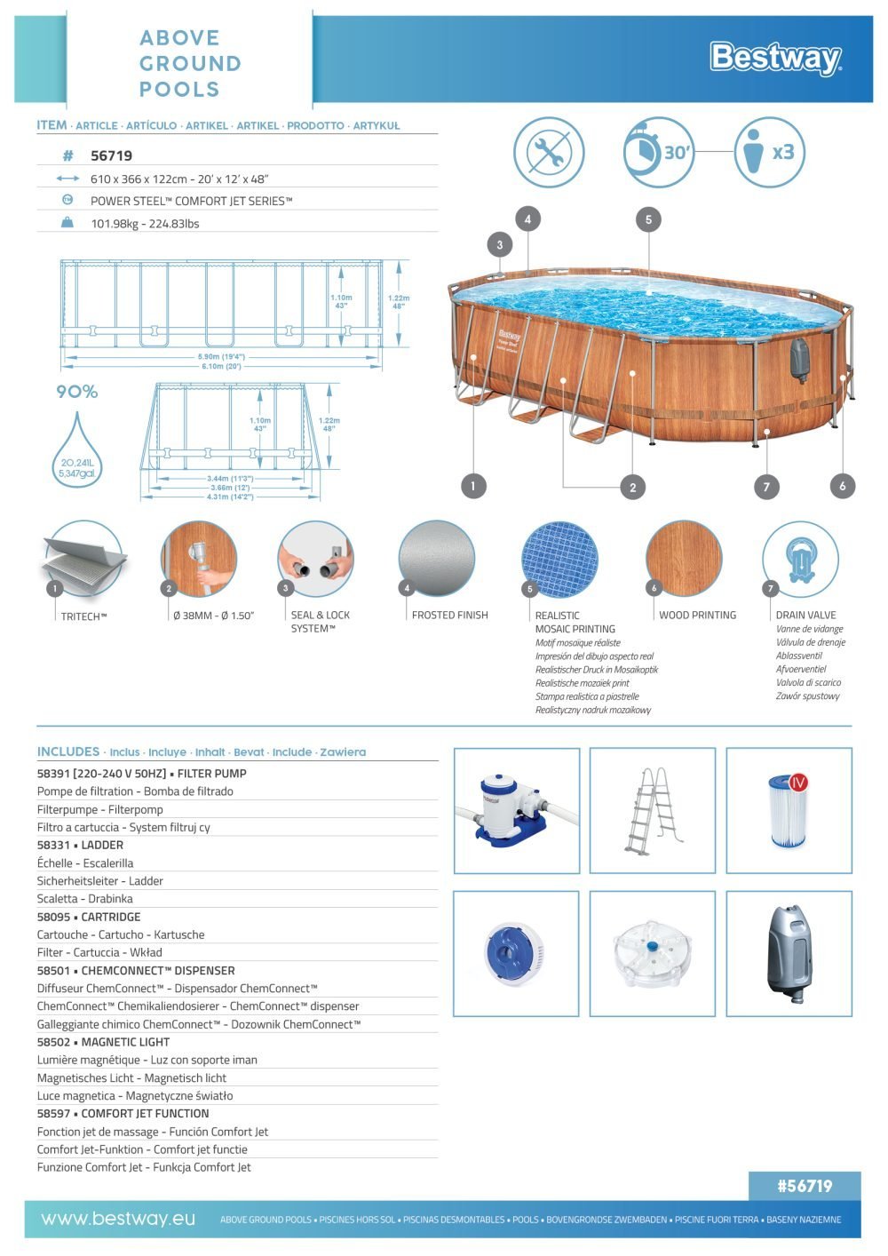 Bestway 56719 | Size 20.0 x 12.0 x 4.00 Ft | Power Steel Oval Metal Frame Portable Ready-Made Swimming Pool - Image 10