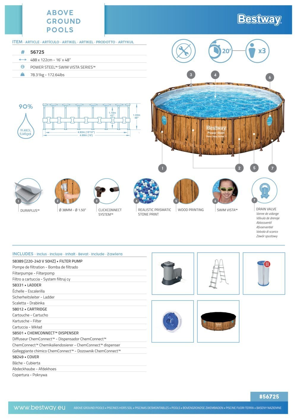 Bestway 56725 | Size 16.0 x 16.0 x 4.00 Ft | Power Steel Vista Series Round Metal Frame Portable Ready-Made Swimming Pool - Image 4