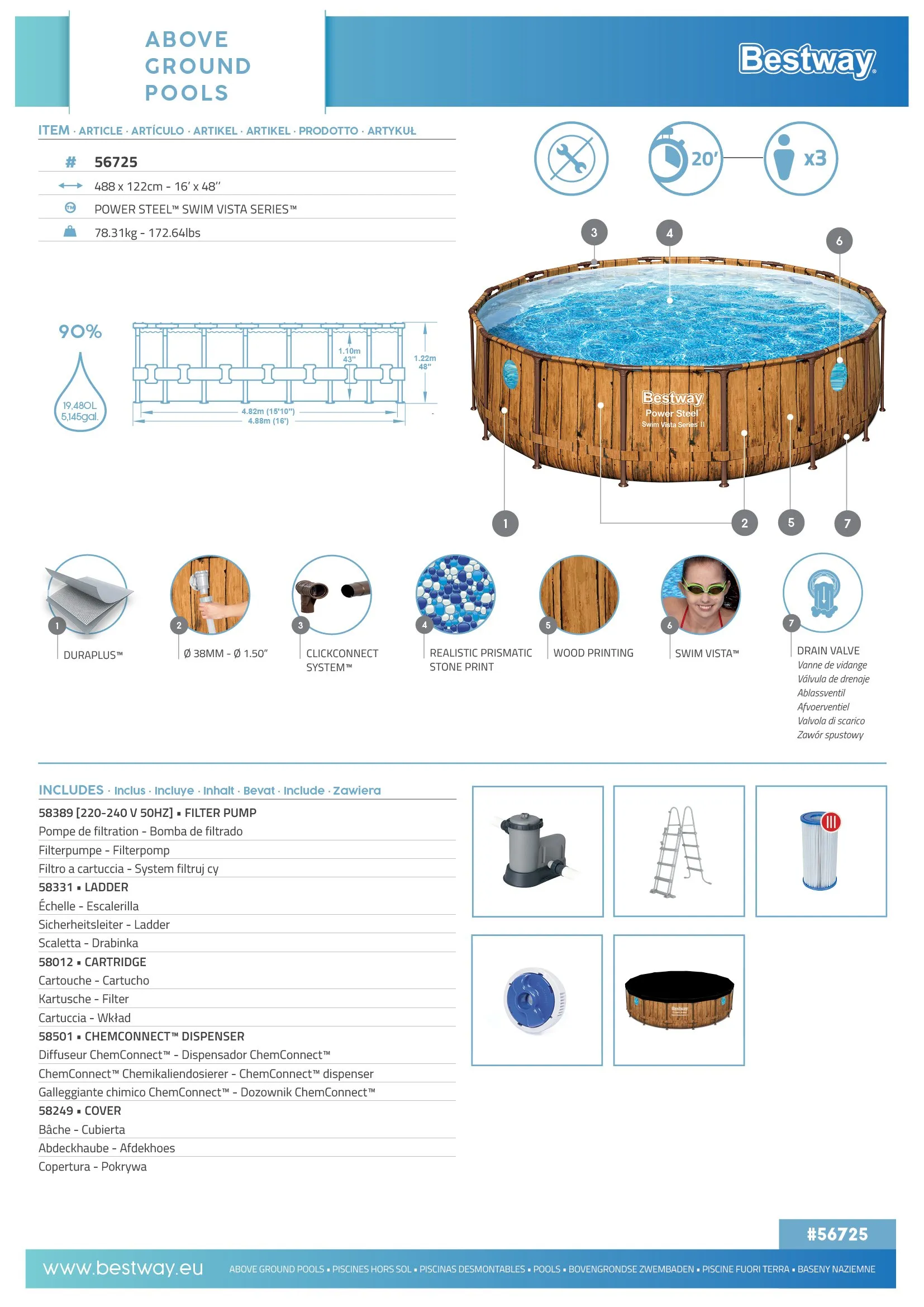 Bestway 56725 | Size 16.0 x 16.0 x 4.00 Ft | Power Steel Vista Series Round Metal Frame Portable Ready-Made Swimming Pool - Image 4