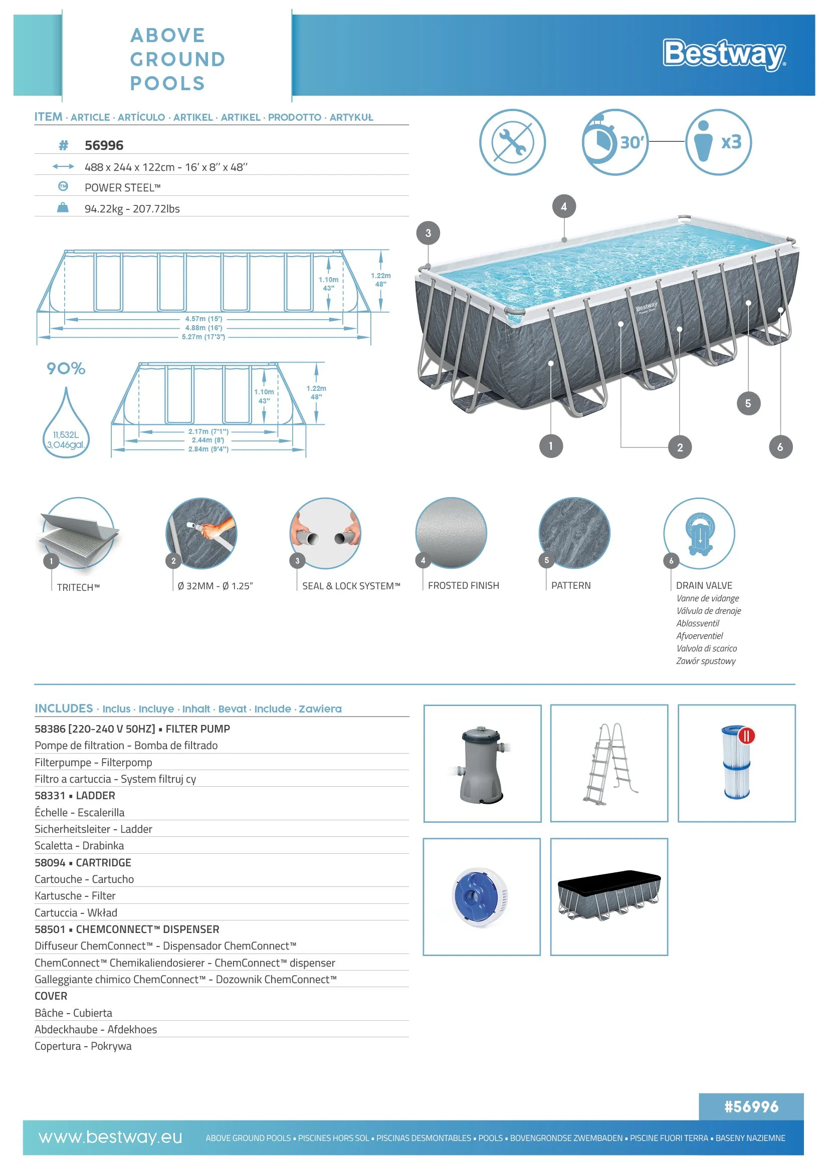 Bestway 56996 | Size 16.0 x 8.0 x 4.00 Ft | Power Steel Rectangular Metal Frame Portable Ready-Made Swimming Pool - Image 6