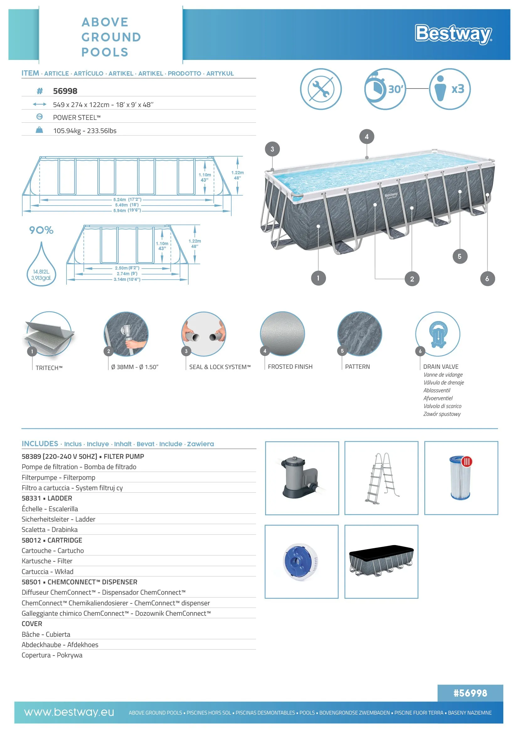 Bestway 56998 | Size 18.0 x 9.0 x 4.00 Ft | Power Steel Rectangular Metal Frame Portable Ready-Made Swimming Pool - Image 11