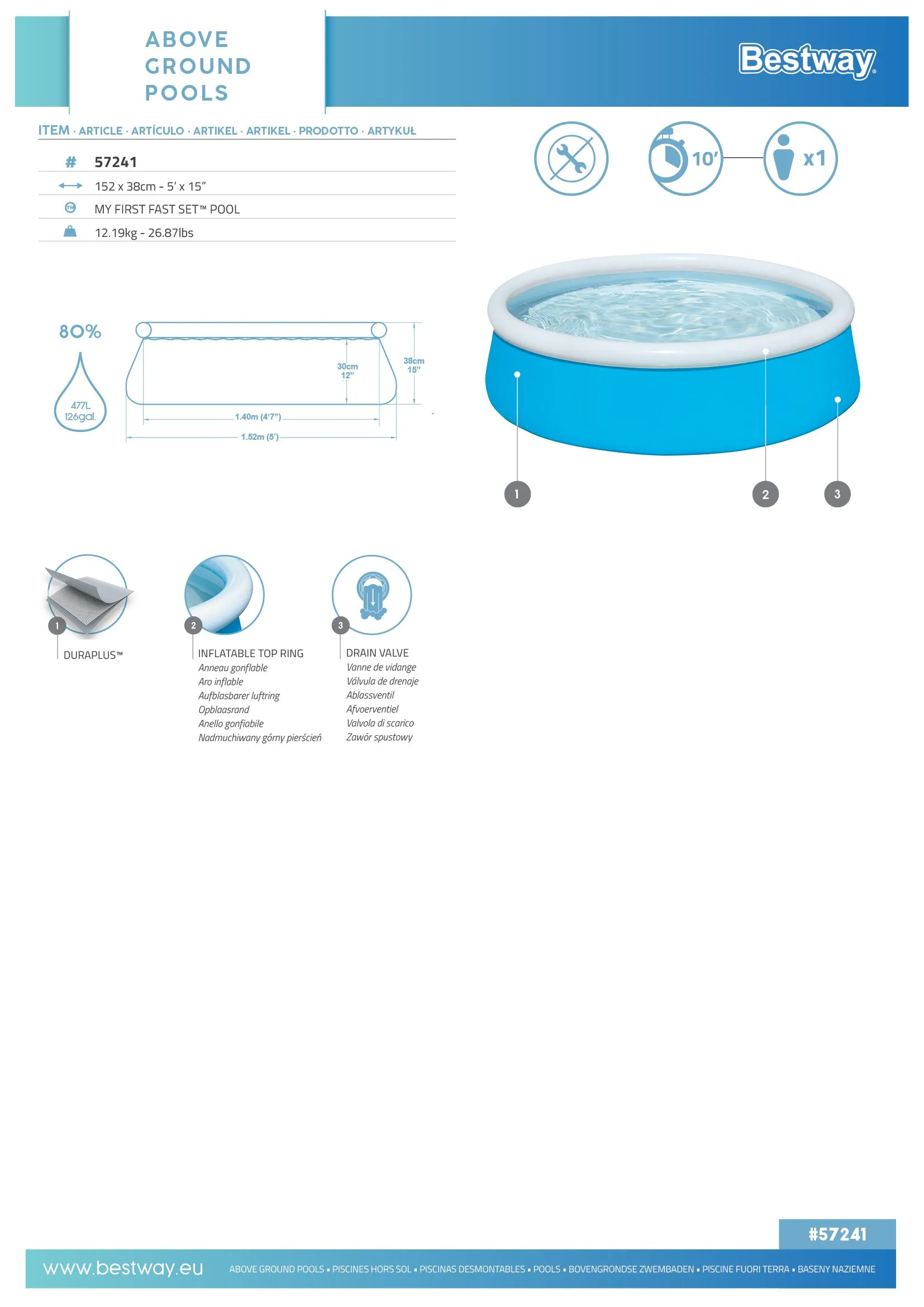 Bestway 57241 | Size 5.0 x 5.0 x 1.33 Ft | Inflatable Round Fast Set Portable Ready-Made Swimming Pool - Image 5