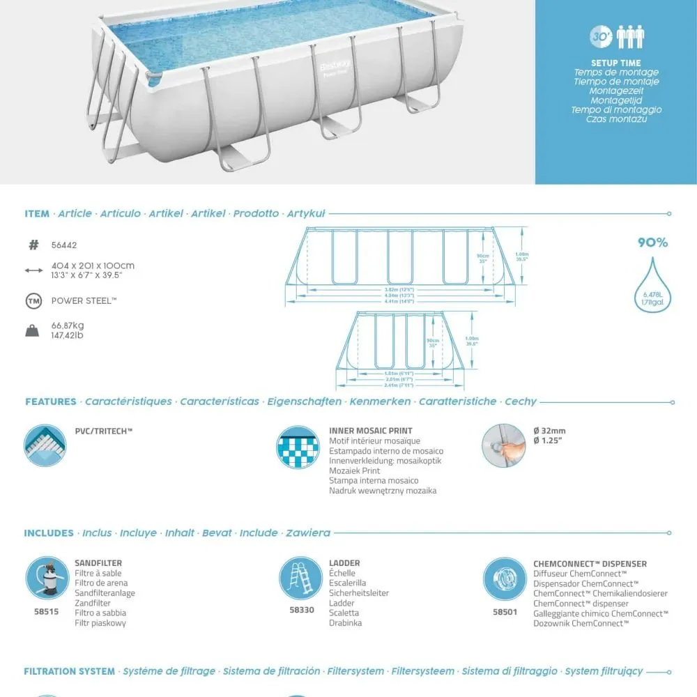 Bestway 56442 | Size 13.3 x 6.7 x 3.30 Ft | Power Steel Rectangular Metal Frame Portable Ready-Made Swimming Pool - Image 7