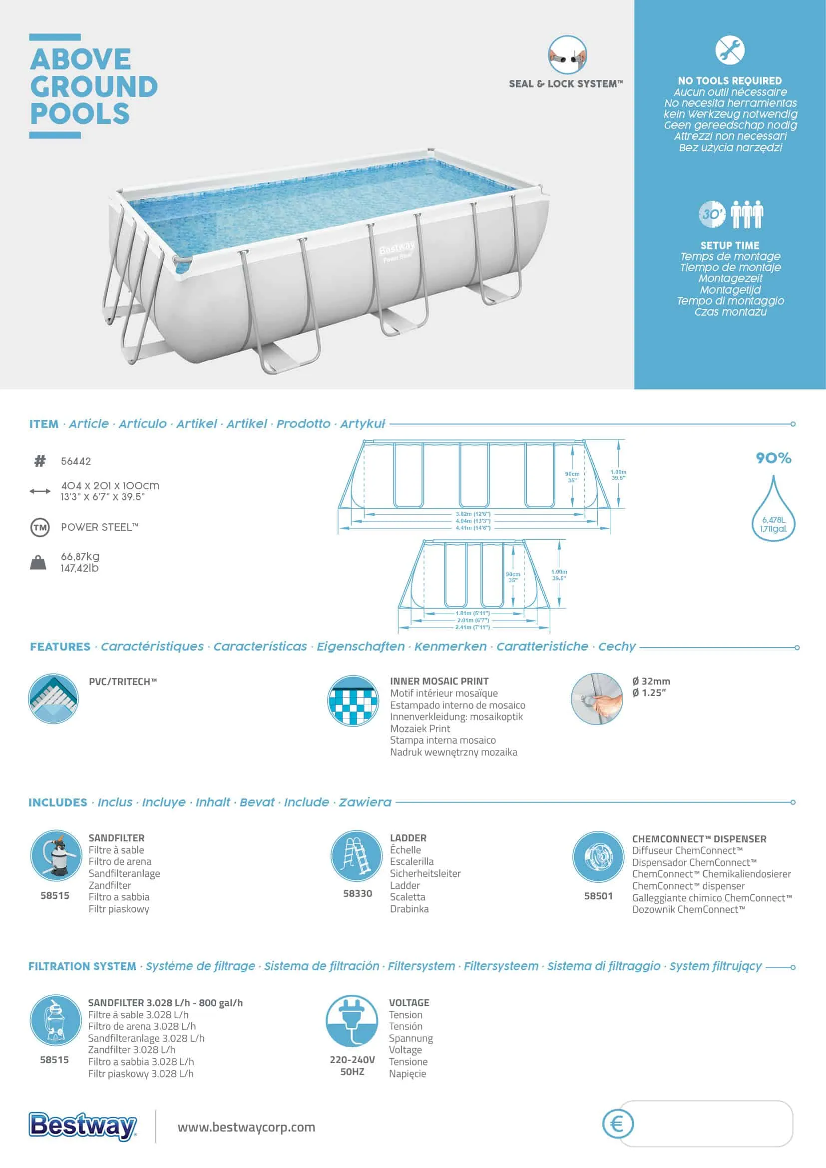 Bestway 56442 | Size 13.3 x 6.7 x 3.30 Ft | Power Steel Rectangular Metal Frame Portable Ready-Made Swimming Pool - Image 7