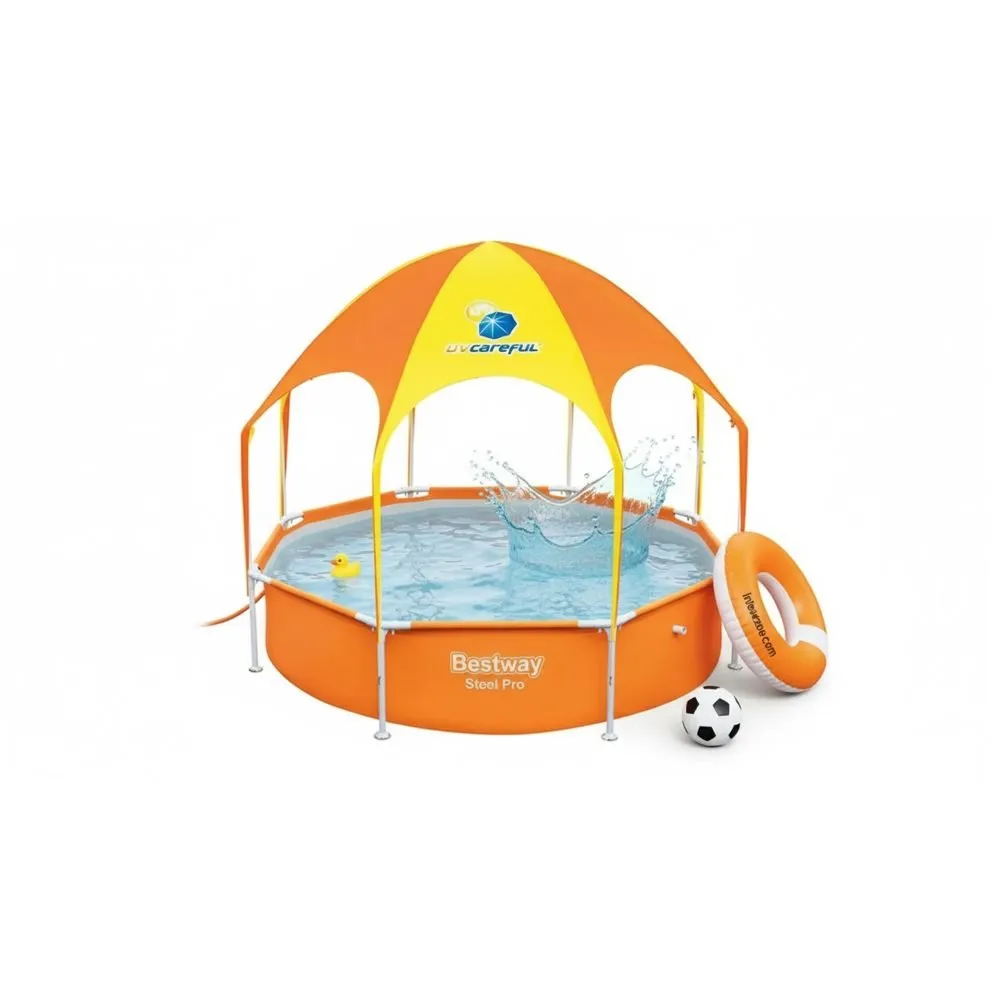 Bestway 56432 | Size 8.0 x 8.0 x 1.30 Ft | Round Metal Frame Portable Ready-Made Swimming Pool with Canopy