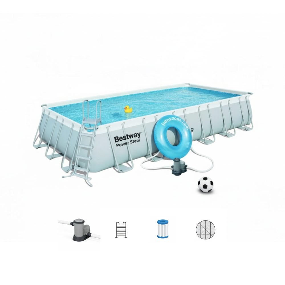 Bestway 56474 | Size 24.0 x 12.0 x 4.30 Ft | Power Steel Rectangular Metal Frame Portable Ready-Made Swimming Pool
